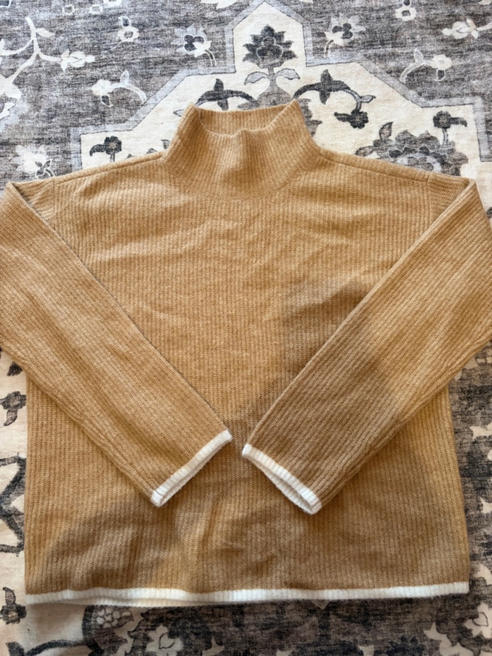 Ann Taylor Camel Ribbed Turtleneck Sweater with White Trim